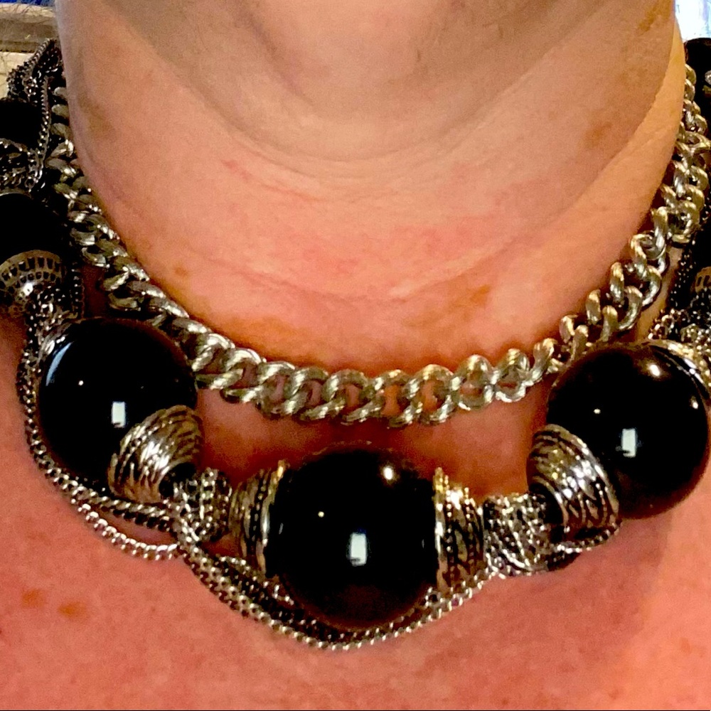 Silver and big black ball necklace, matching bracelet and earring set